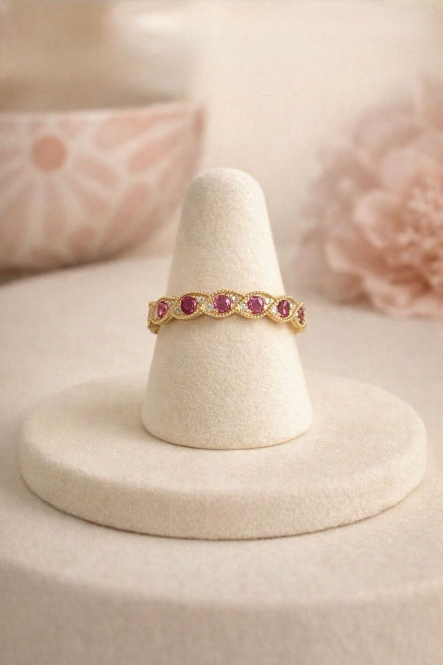 Genuine Ruby & White Sapphire Half Eternity Band – Fine Gemstone Gold Ring Sz 9